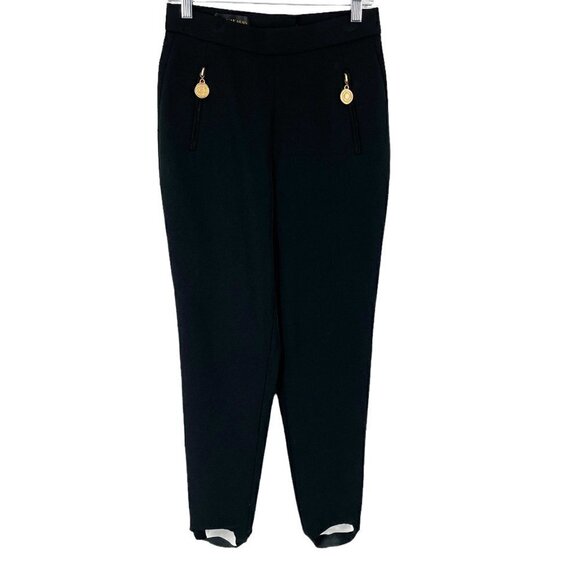 Donna Karan Vintage 80s Black Stirrup Stretch Pants Gold Logo Zip Pulls Small - Picture 3 of 12